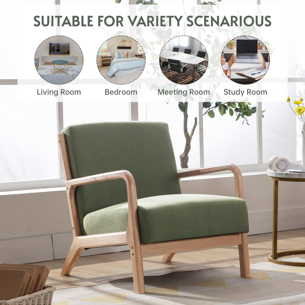 ANJ Mid Century Modern Accent Chair, Comfy Fabric Living Room Chairs with Solid Wood Frame, Lounge Reading Armchair, Easy Assembly, Beige