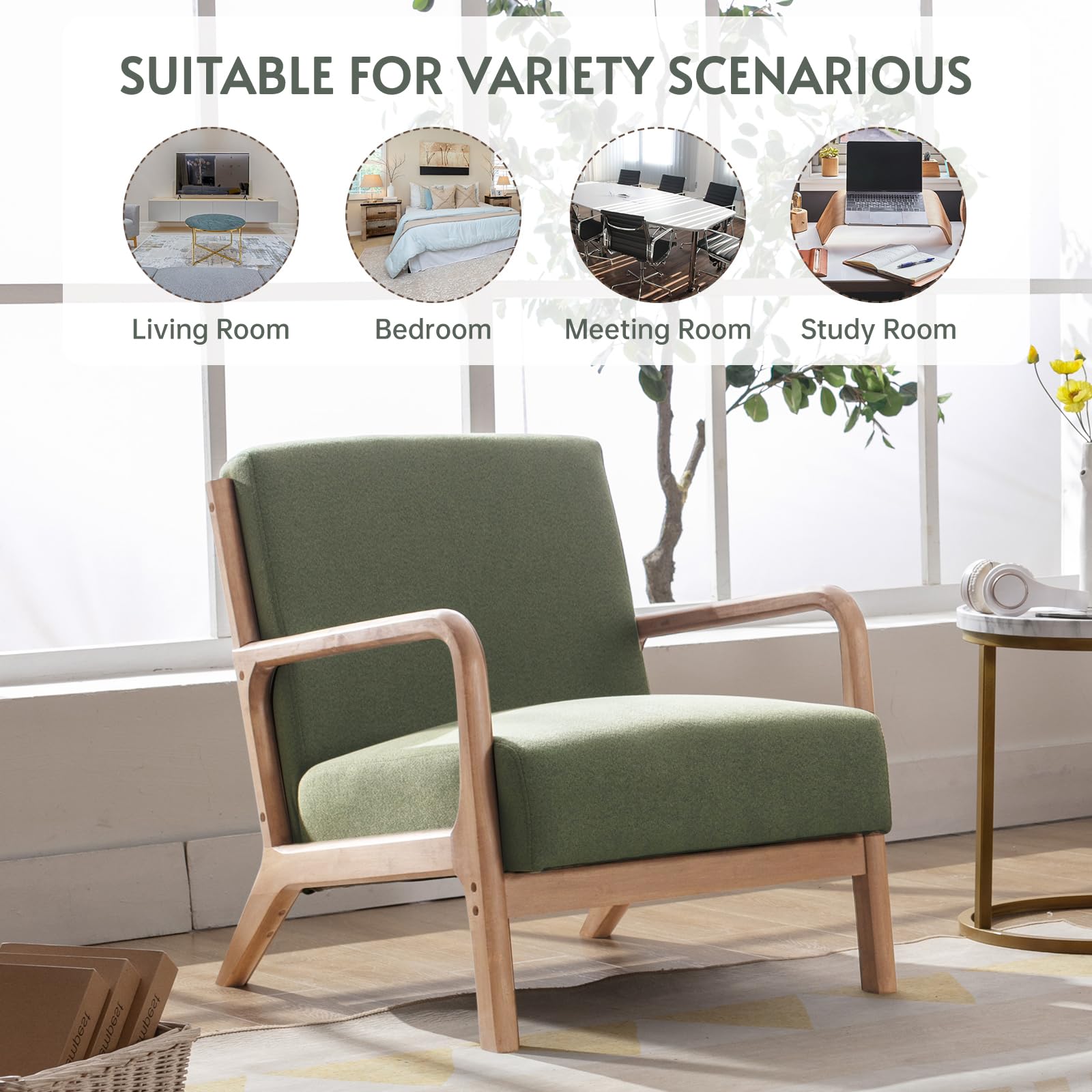 ANJ Mid Century Modern Accent Chair, Comfy Fabric Living Room Chairs with Solid Wood Frame, Lounge Reading Armchair, Easy Assembly, Beige
