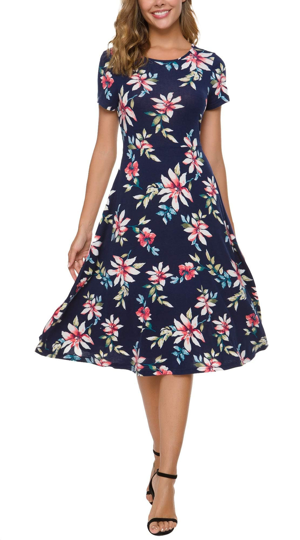 Urban CoCo Women's Vintage Short Sleeve High Waist Flared Midi Casual Summer Dress