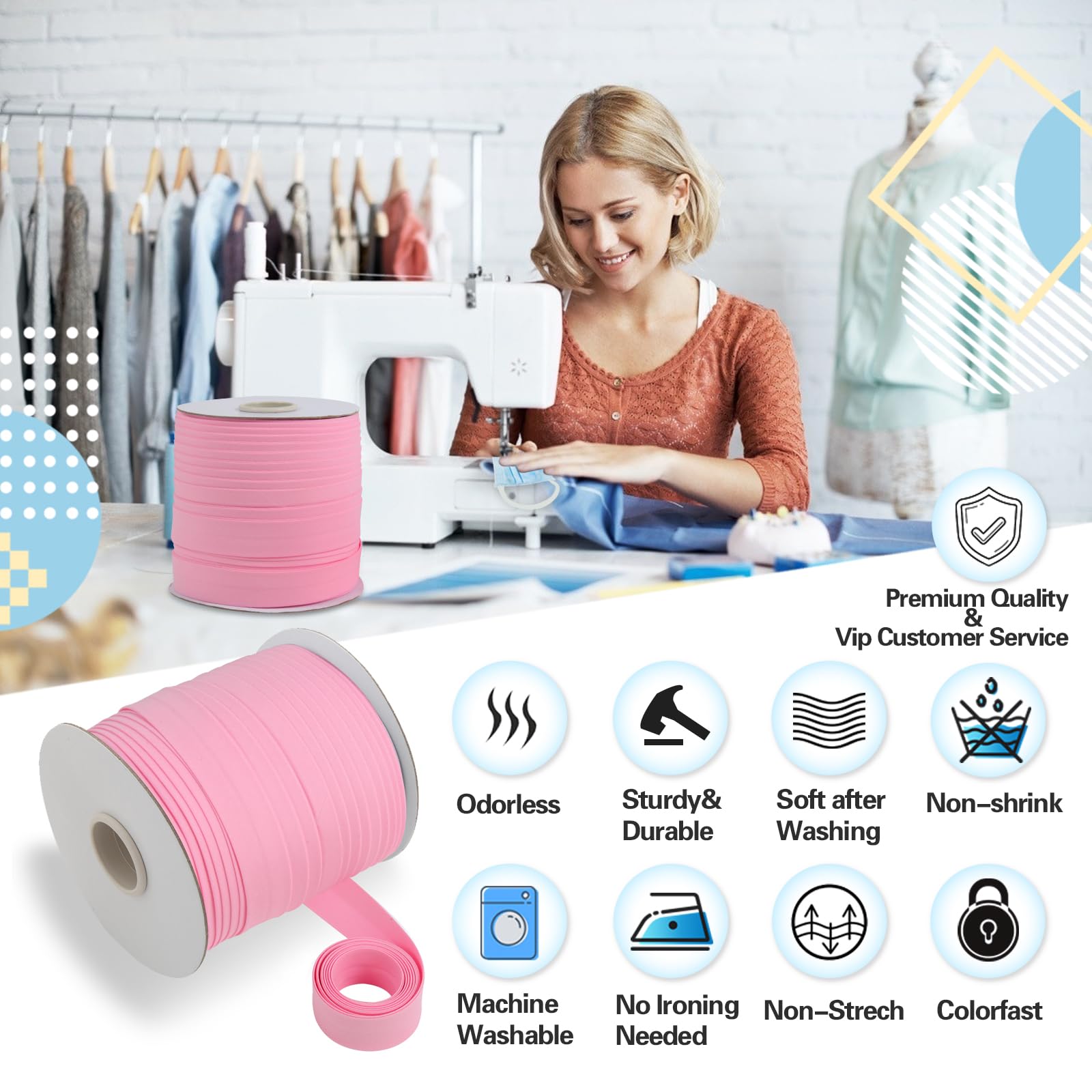 Tewadoo Bias Tape Double Fold 1/2 Inch - Black 55 Yards Polyester Binding Tape for Sewing, Quilt Binding, Hemming, Seaming and Fabric Piping