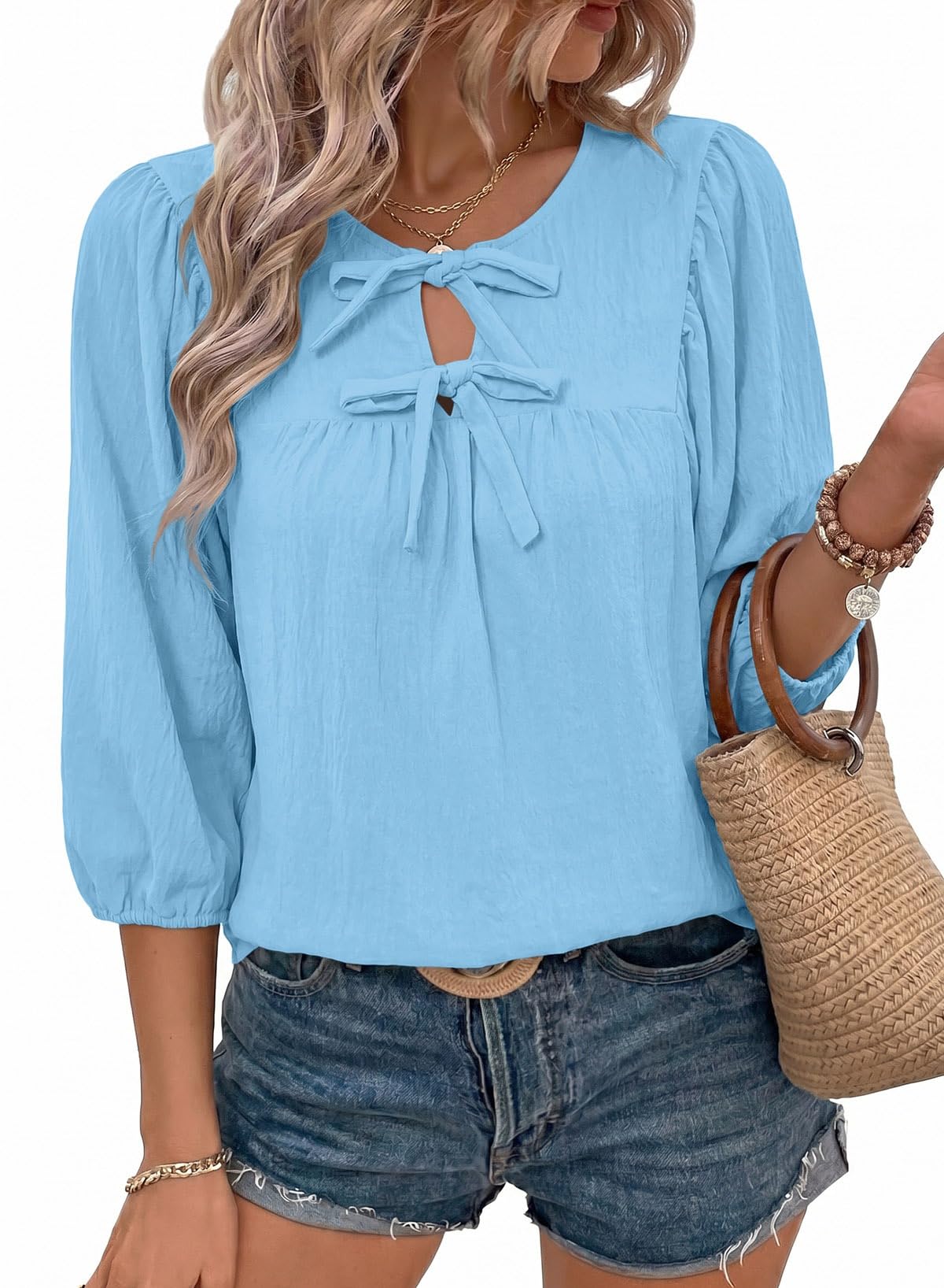 SHEWIN Womens Tops 3/4 Sleeves Blouse Babydoll Dressy Casual Top Elegant Bow Tie Loose Ladies Shirts 2026
