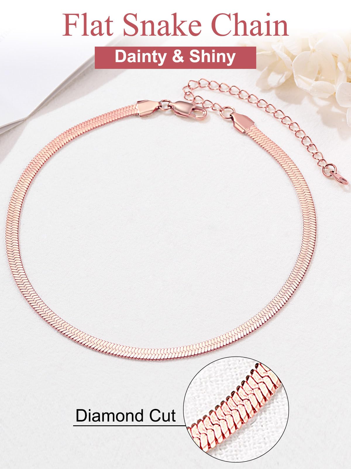 FOCALOOK 14K Gold Plated Necklaces for Women, Fashion Herringbone Choker Necklace Stainless Steel Flat Snake Chain 3/5MM(W) 12.5"/15"/18"+3.5"(L)