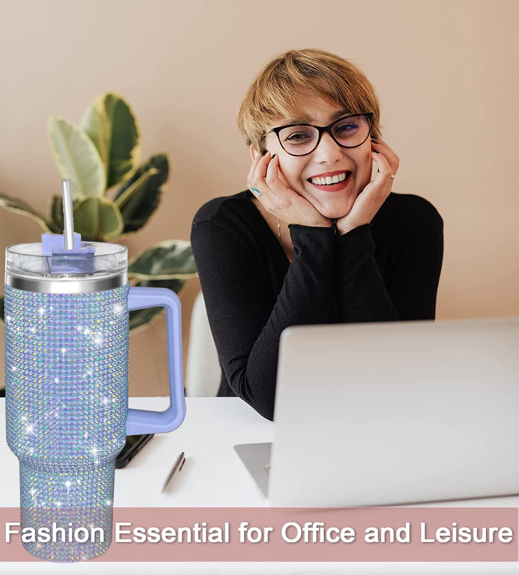 HWISDMIG 40oz Tumbler with Handle-Glitter Rhinestones Tumbler Bling Cups Stainless Steel Water Bottle Diamond Studded Tumbler for Women-Birthday Gifts for Women, Mom, Girlfriend (Amethyst)