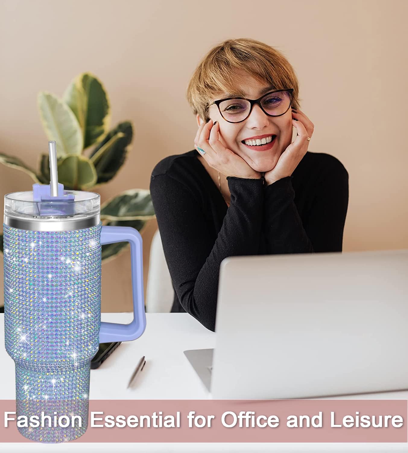HWISDMIG 40oz Tumbler with Handle-Glitter Rhinestones Tumbler Bling Cups Stainless Steel Water Bottle Diamond Studded Tumbler for Women-Birthday Gifts for Women, Mom, Girlfriend (Amethyst)
