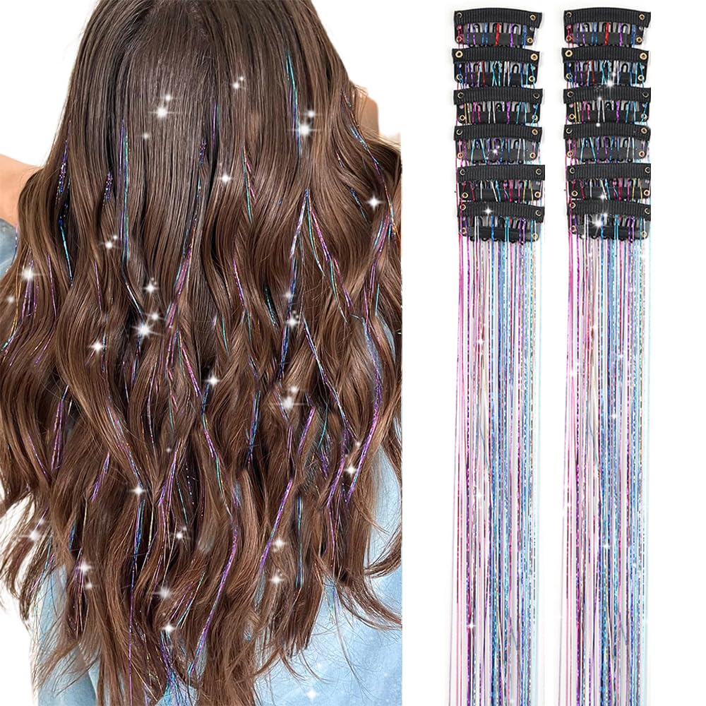 Clip in Hair Tinsel, Pack of 12 Pcs 20 Inch,Glitter Tinsel Hair Extensions, Festival Tinsel Fairy Hair Extension Party Dazzle Hair Accessories Strands Kit for Women Girls(12Pcs,Black#)