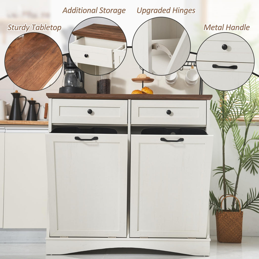 AHB Double Tilt Out Trash Can Cabinet Freestanding Kitchen Trash Can, 2x13 Gallons Hidden Garbage Recycling Cabinet with Hideaway Drawers Pet Proof Trash Can Holder for Kitchen, Antique White