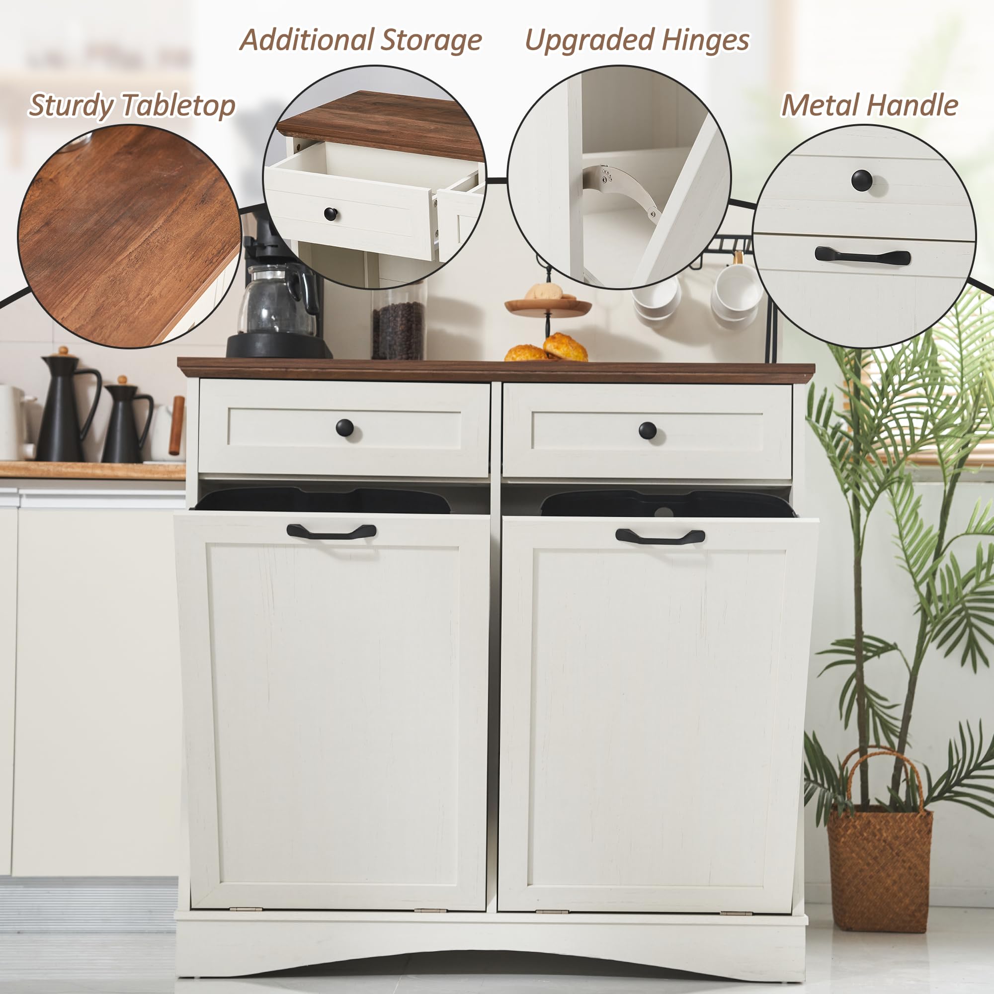 AHB Double Tilt Out Trash Can Cabinet Freestanding Kitchen Trash Can, 2x13 Gallons Hidden Garbage Recycling Cabinet with Hideaway Drawers Pet Proof Trash Can Holder for Kitchen, Antique White