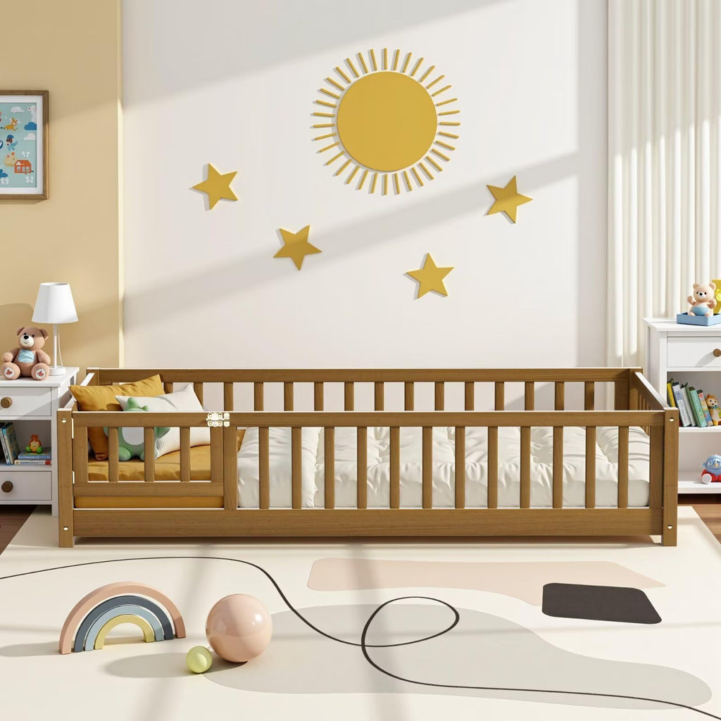 i-POOK Queen Floor Bed for Children, Sturdy Wood Montessori Bed Frame with Wood Slats, High Fence & Small Door for Girls and Boys, Espresso (with Bed Slats)
