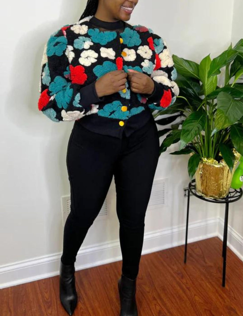 Womens Cropped Floral Print Jacket Warm Fleece Bomber Jacket Casual Button Down Coats Fall Puff Outerwears
