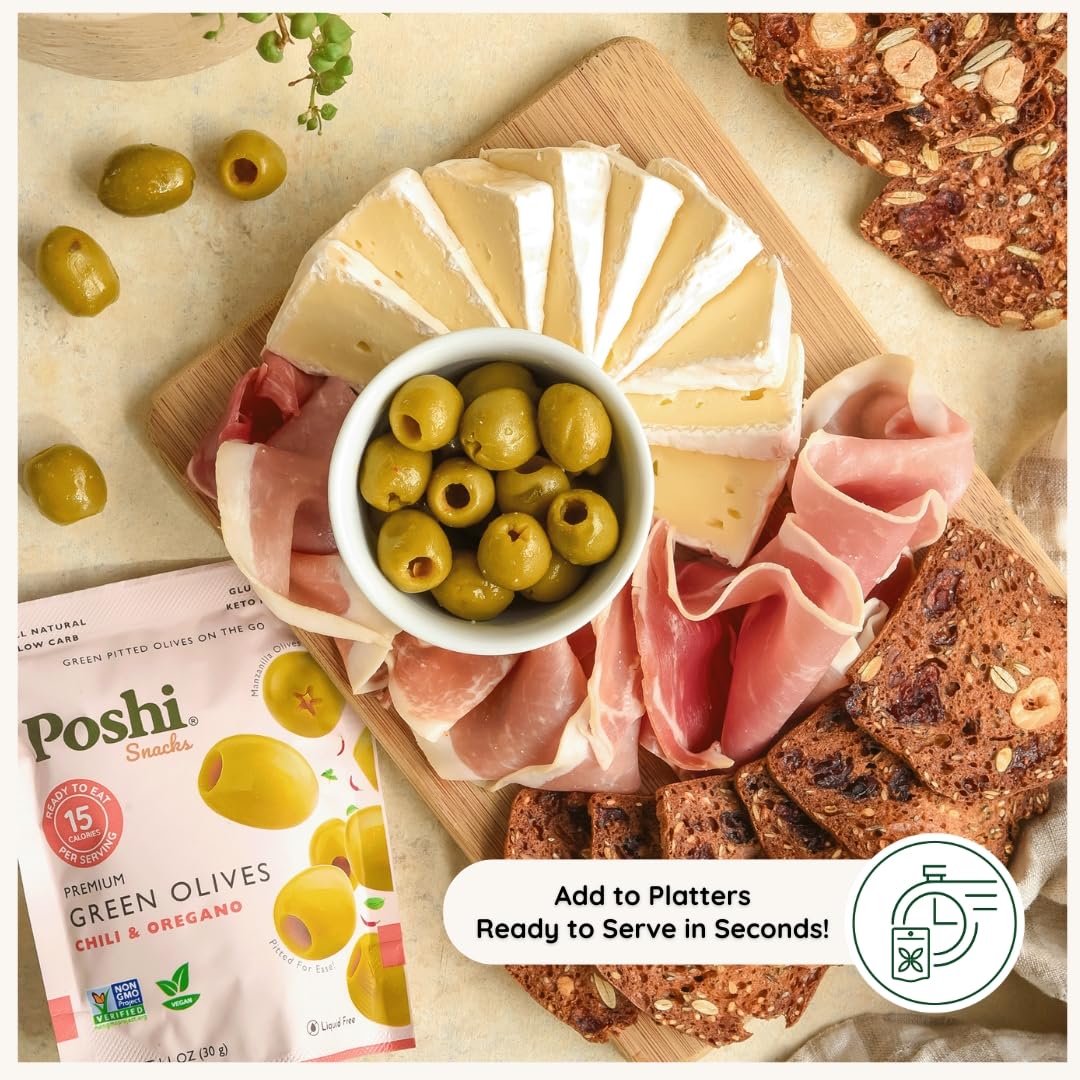POSHI Green Pitted Olives - Basil & Garlic | Vegan, Kosher, Gluten Free + Keto Friendly, Fresh, Low Calorie Healthy Snacks | (30 Pack, 1.1oz Bags)