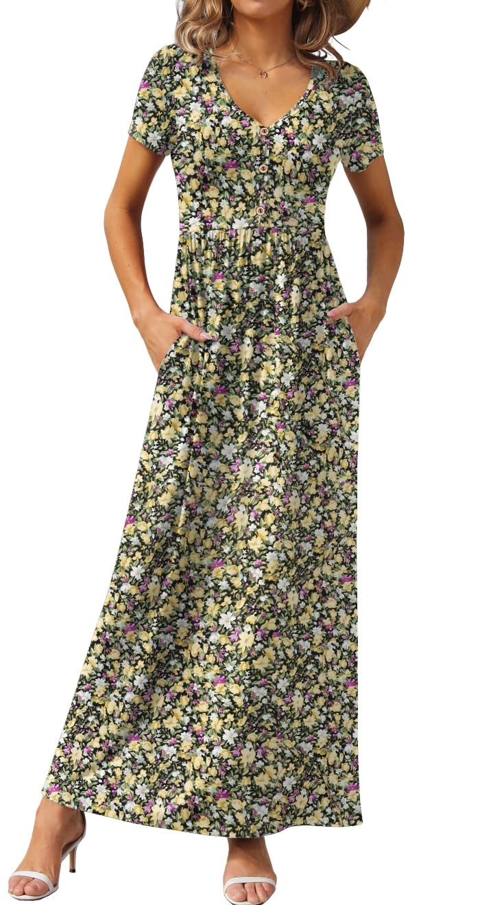GRECERELLE Womens Summer Long Maxi Dresses 2026 Short Sleeve V Neck Casual Button Dress with Pockets