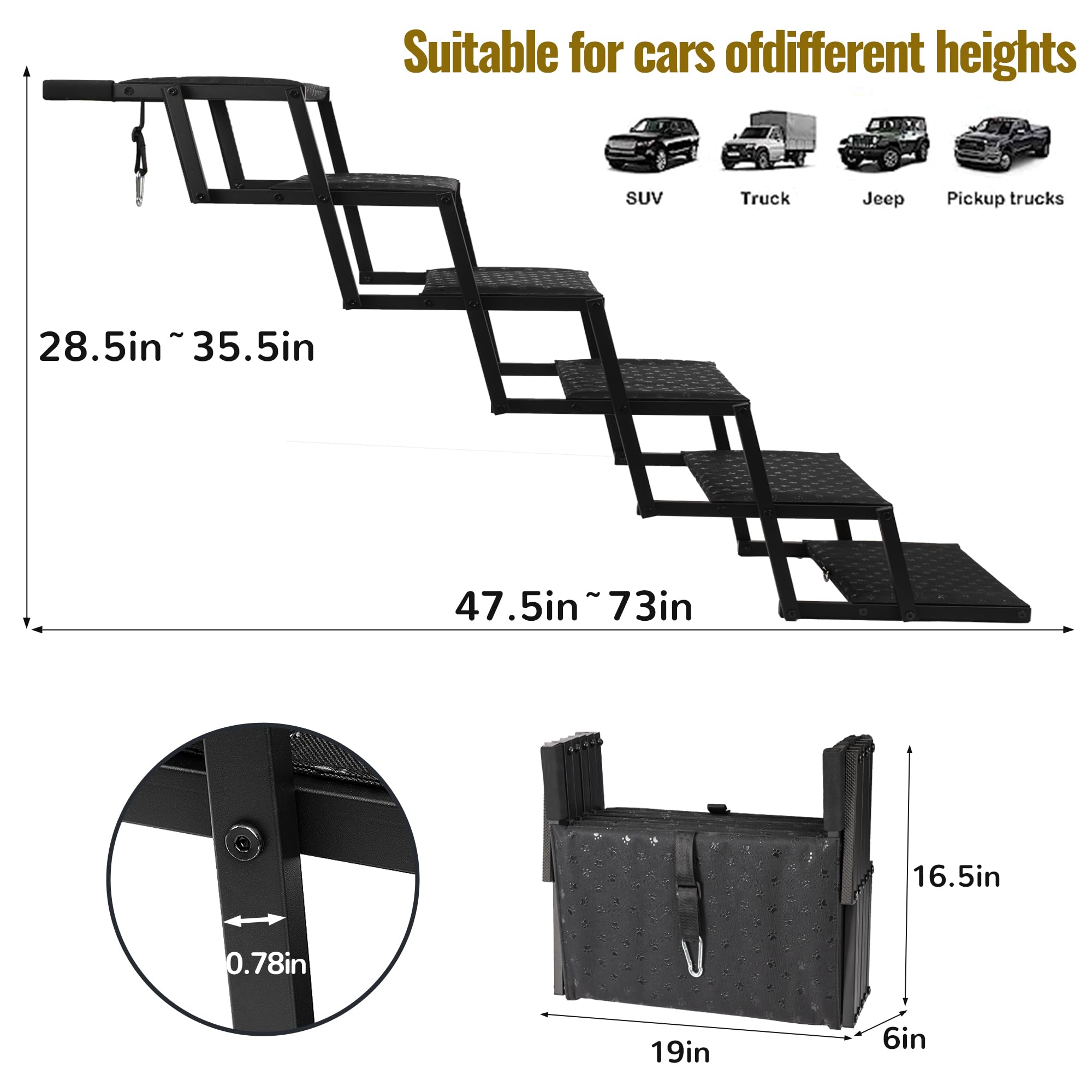 Dog Stairs for Car - Foldable Dog Ramps for Large Dogs with Non Slip Surface, Portable Dog Steps for Cars and SUV, Truck, Support Up to 200 Lbs