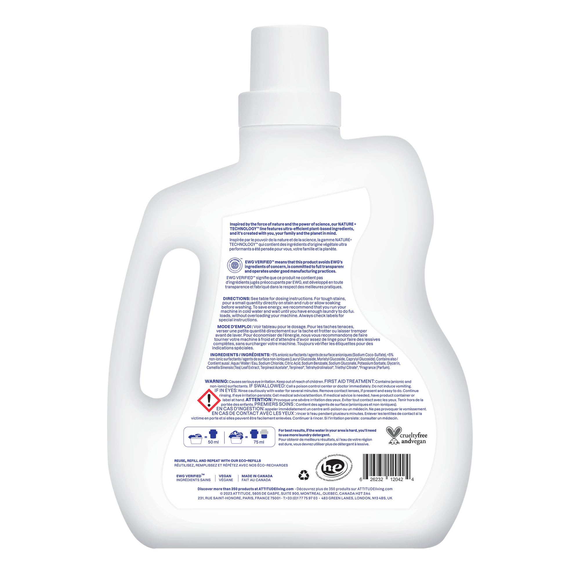 ATTITUDE Liquid Laundry Detergent, EWG Verified, HE Compatible, Plant-Based & Vegan, Natural Laundry Soap, Citrus Zest Scent, 40 Loads, 67.6 Fl Oz