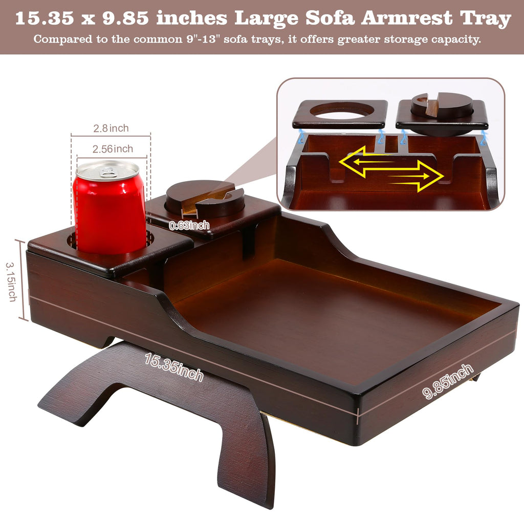 GHKINMAL Couch Cup Holder Tray, 15.4"x9.9" Large 4 in 1 Couch Arm Tray with 360°Rotated Phone Holder, Non-Slip Clip on Side Table for Drinks/Remote/Snacks, Ideal Gift for Husband, Wife, Parents