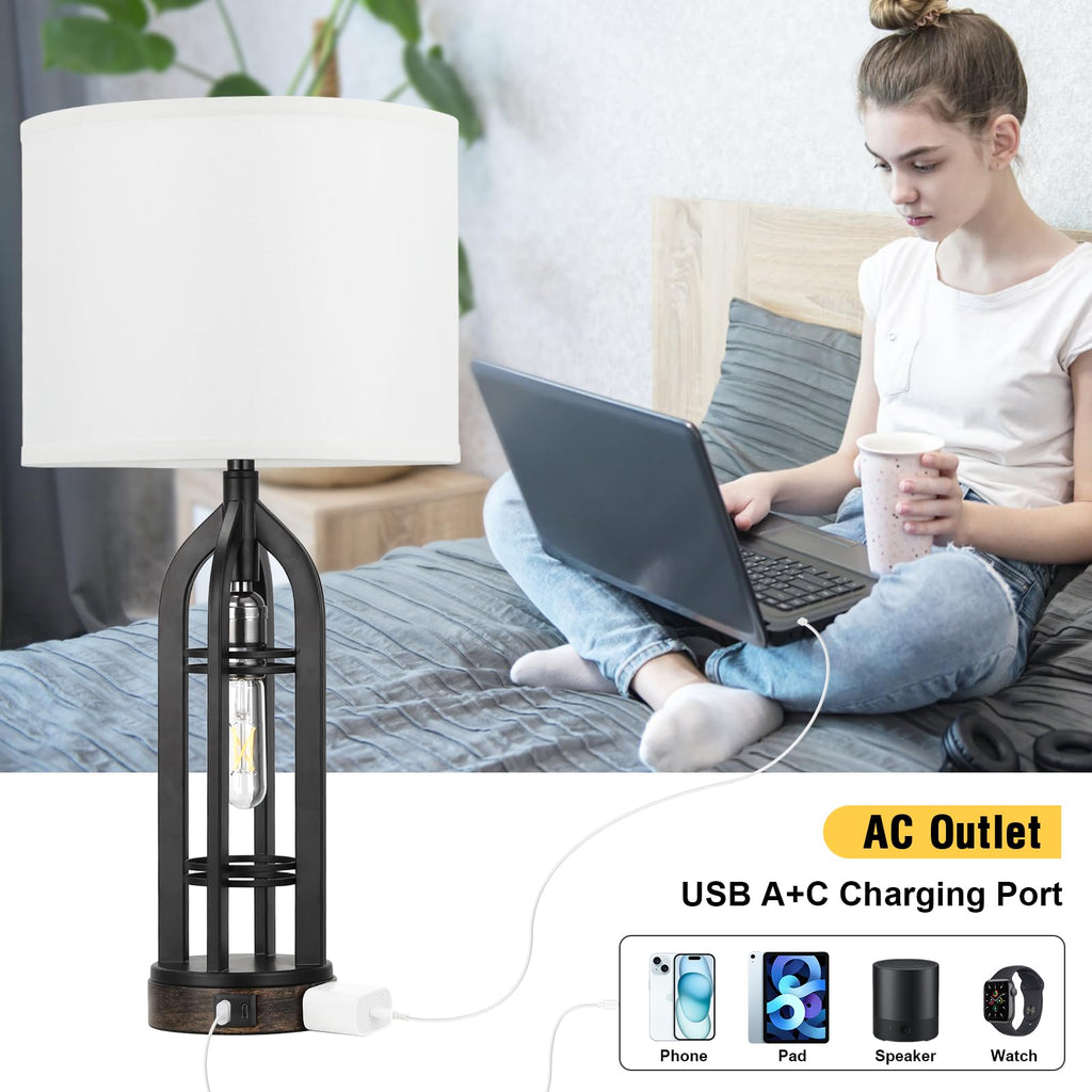 Seealle Table Lamp for Living Room Set of 2 - Wood-Like Bedside Lamp for Bedroom with USB C+A & Outlet, Farmhouse Lamps for Night Stands, 3-Way Dimmable Touch Lamps for Living Room