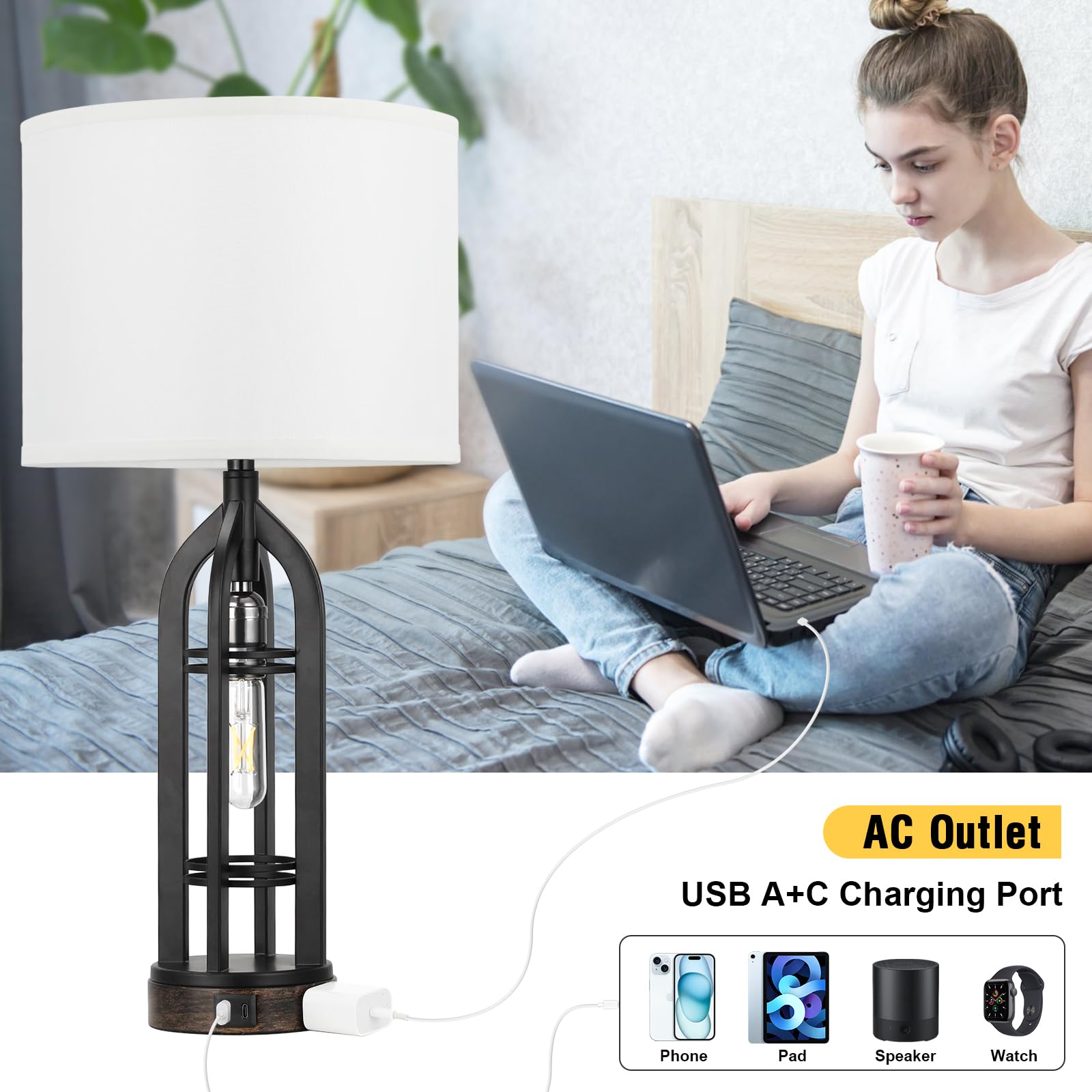 Seealle Table Lamp for Living Room Set of 2 - Wood-Like Bedside Lamp for Bedroom with USB C+A & Outlet, Farmhouse Lamps for Night Stands, 3-Way Dimmable Touch Lamps for Living Room
