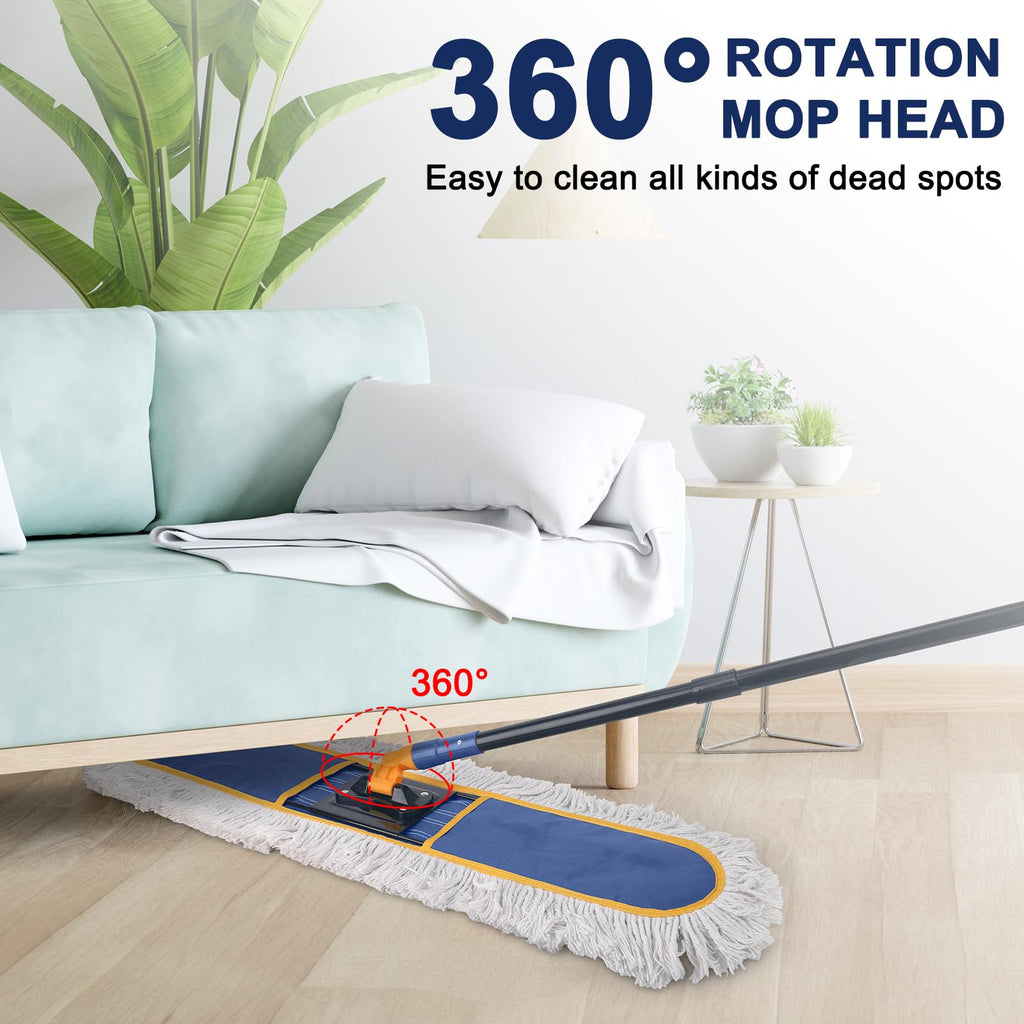 KeFanta 36" Commercial Dust Mops for Floor Cleaning,Industrial Dry Mop with Heavy Duty Long Handle,Large Cotton Reusable Mop Head,for Hardwood,Tile,Concrete,Laminate,Garage Floors(Blue)
