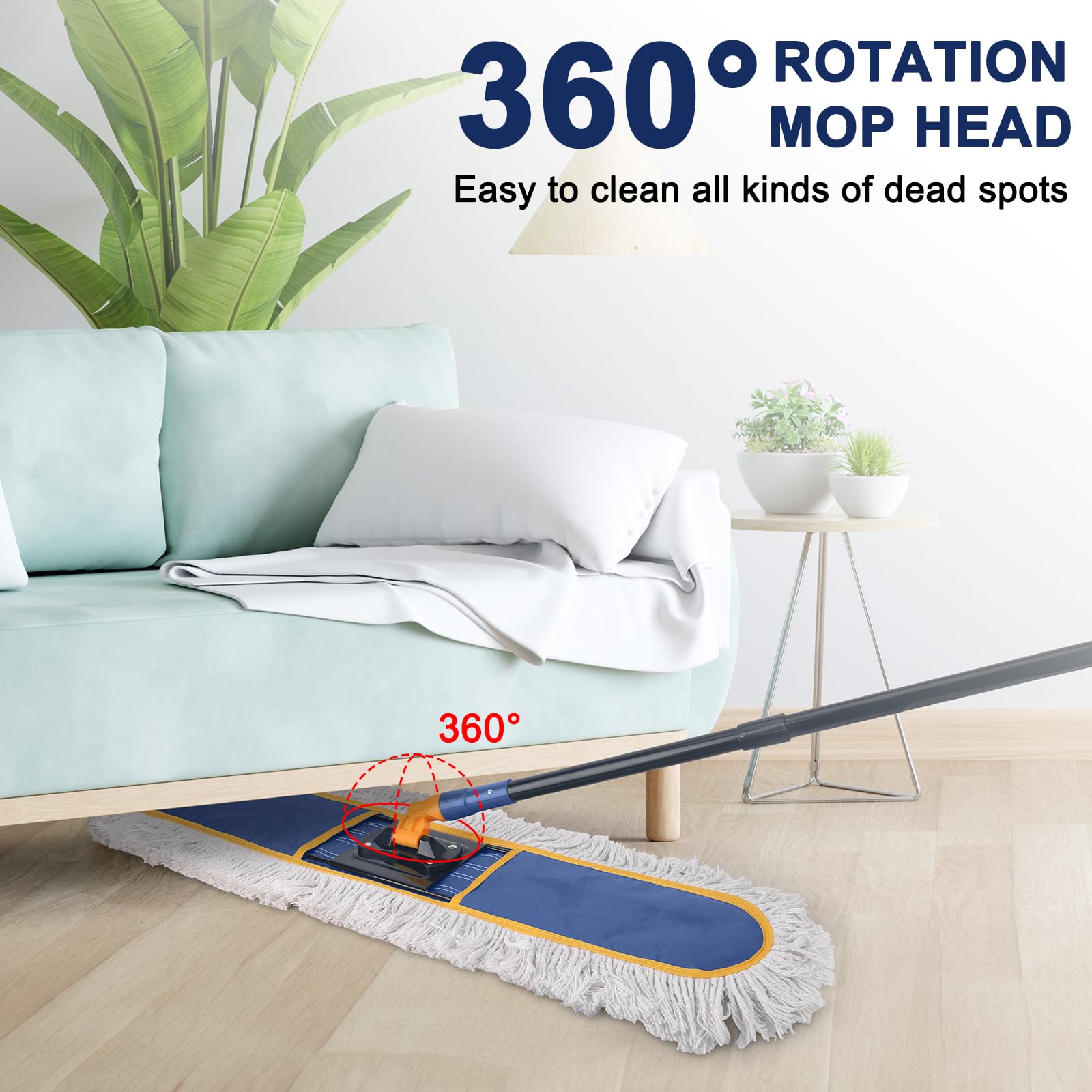 KeFanta 36" Commercial Dust Mops for Floor Cleaning,Industrial Dry Mop with Heavy Duty Long Handle,Large Cotton Reusable Mop Head,for Hardwood,Tile,Concrete,Laminate,Garage Floors(Blue)