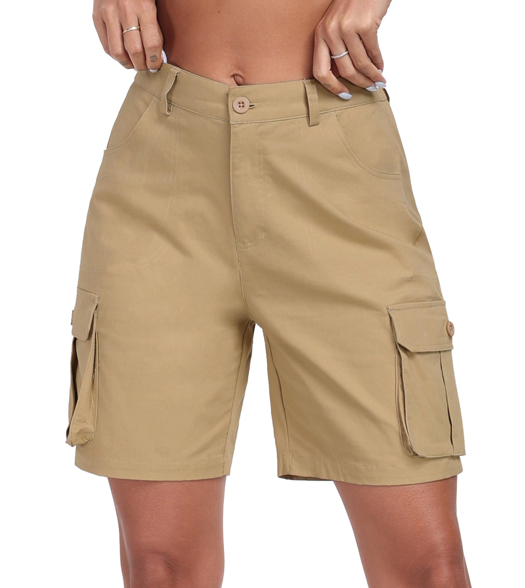 MoFiz Women's Cargo Shorts Bermuda Shorts Button Pockets Elastic Waist Knee Length Long Hiking Casual Shorts for Summer
