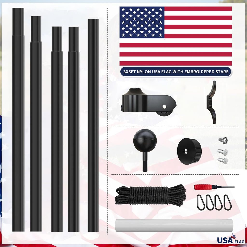 20FT Heavy Duty Flag Pole, 12-Gauge Aluminum, 100MPH Wind Tested | Extra Thick Residential & Commercial Flagpole Kit for Outside House – Includes USA Flag & All Hardware to Fly Two Flags