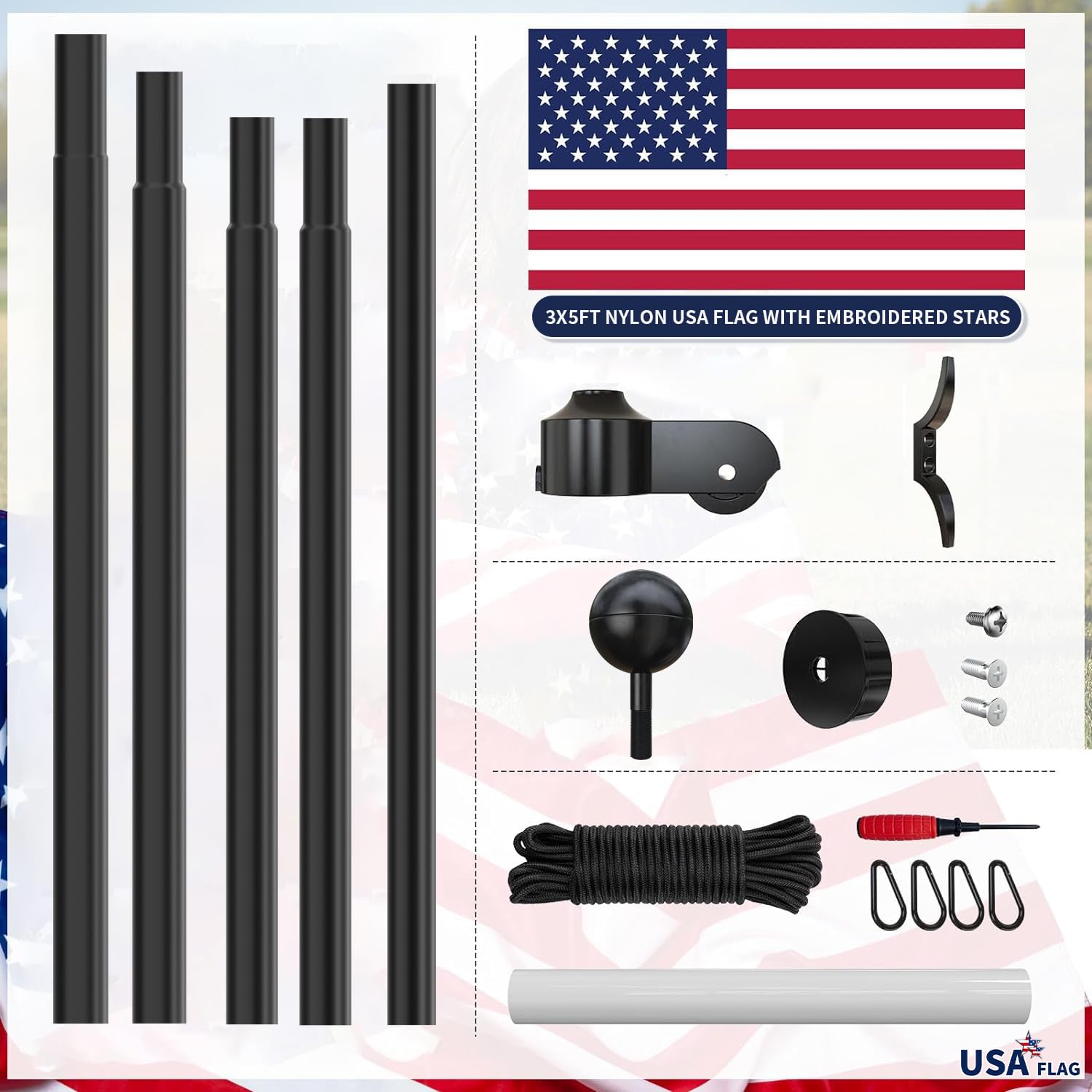 20FT Heavy Duty Flag Pole, 12-Gauge Aluminum, 100MPH Wind Tested | Extra Thick Residential & Commercial Flagpole Kit for Outside House – Includes USA Flag & All Hardware to Fly Two Flags