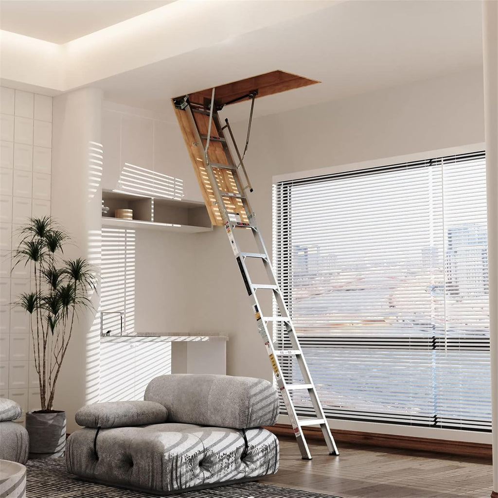 Aluminum Attic Ladder - Retractable Loft Stairs, Folding Pull-Down Design, Manual Lifting for 7'8"-10'3" Ceiling Height, 22.5" x 54", 375 lbs Capacity