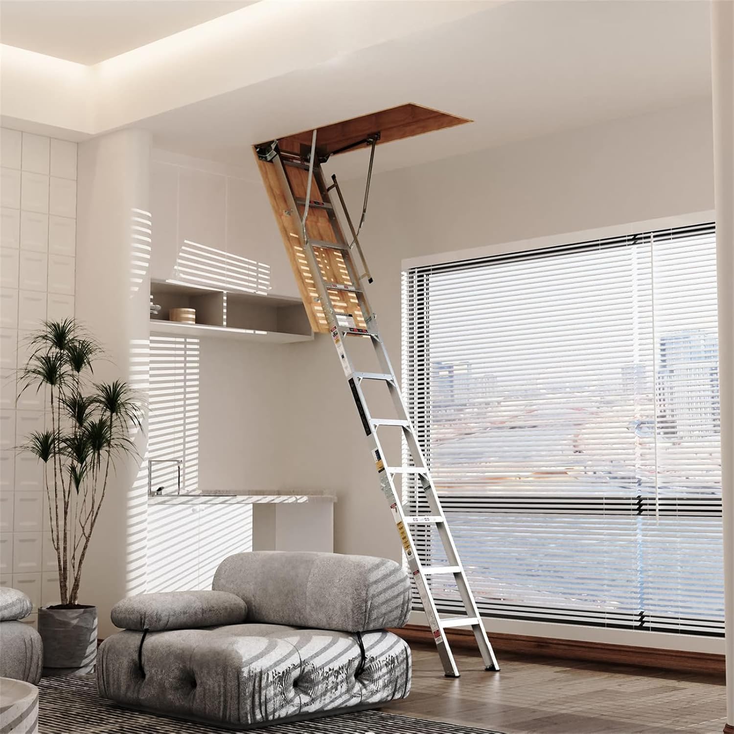 Aluminum Attic Ladder - Retractable Loft Stairs, Folding Pull-Down Design, Manual Lifting for 7'8"-10'3" Ceiling Height, 22.5" x 54", 375 lbs Capacity