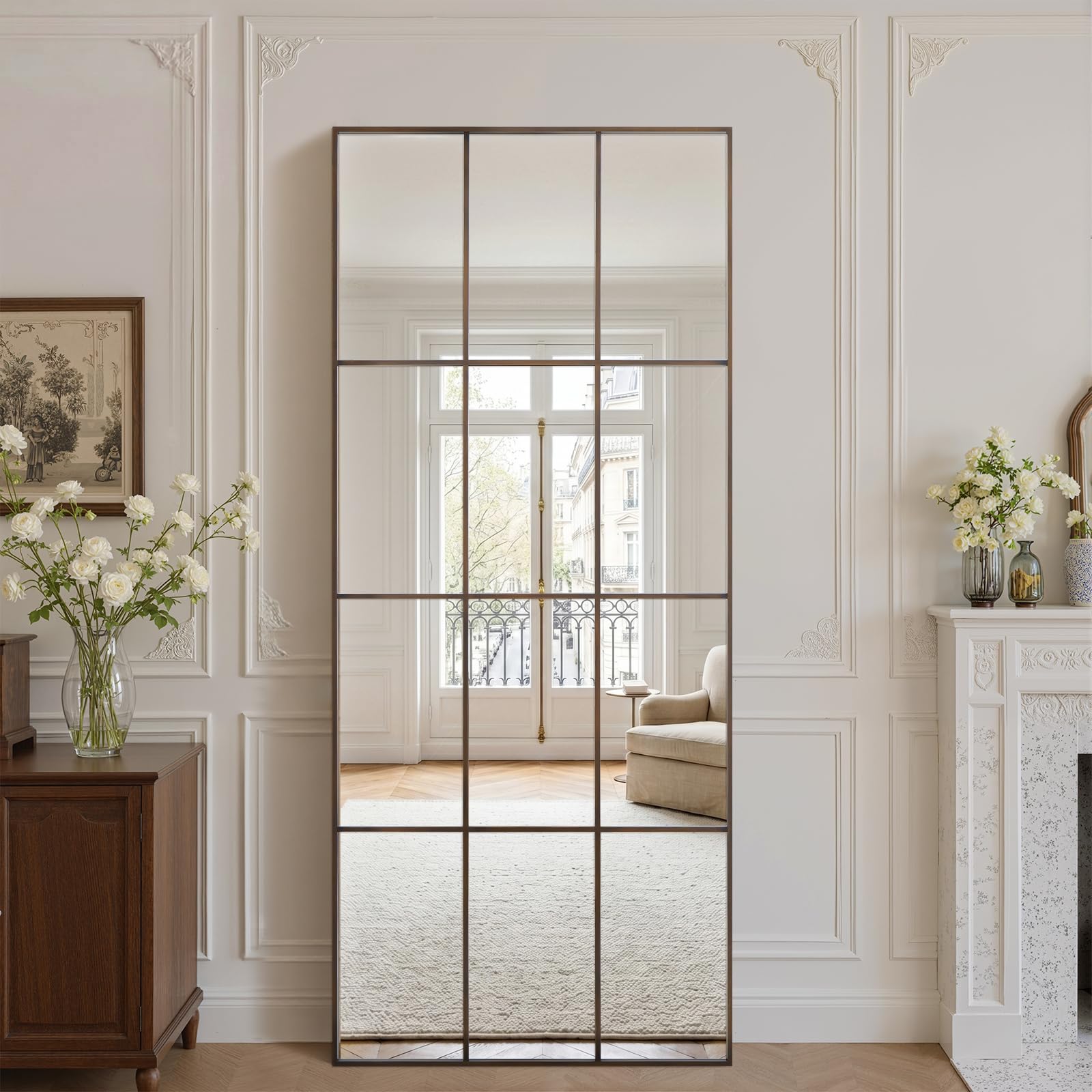 Anpark Arched Windowpane Wall Mirror 24"x36" Black Wall Mounted Art Pane Mirror Farmhouse Decorative Mirror Leaning Hanging Wall Mirror for Bedroom Living Room Entrance Hallway Wall Decor