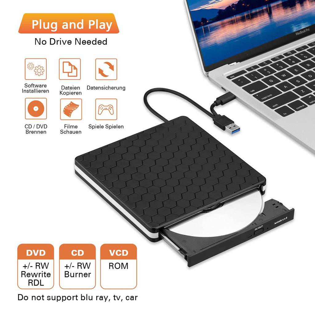 Amicool External USB-C USB 3.0 CD/DVD Drive Burner +/-RW, Ultra-Slim Portable DVD Player Writer Reader for Mac iMac MacBook, Windows 11/10/8 Linux, Laptop Desktop PC Computer Optical Drive