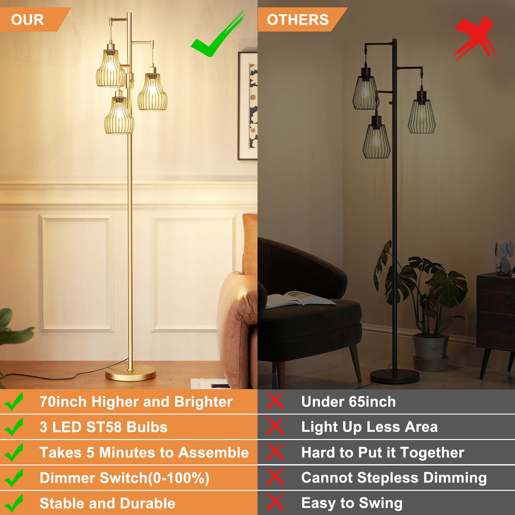 Ziisee Dimmable Floor Lamps for Living Room, Industrial Tree Standing Tall Lamps with 3 Elegant Cage Shade & 800 Lumens LED Bulbs for Bedroom Office - Brown