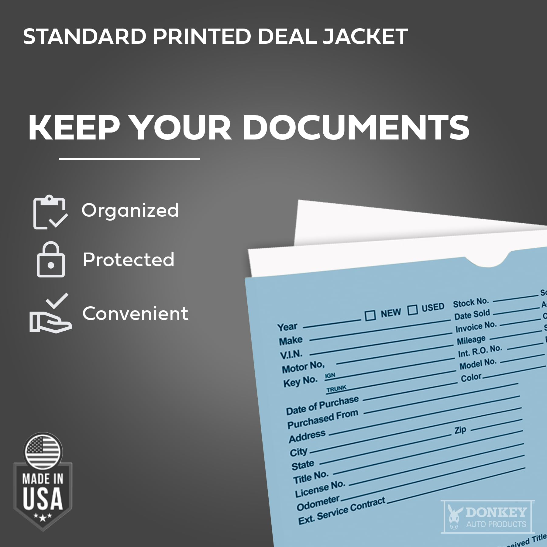 Printed Vehicle Deal Envelopes 9x12 Deal Jackets (100 shrink wrapped) (Blue)