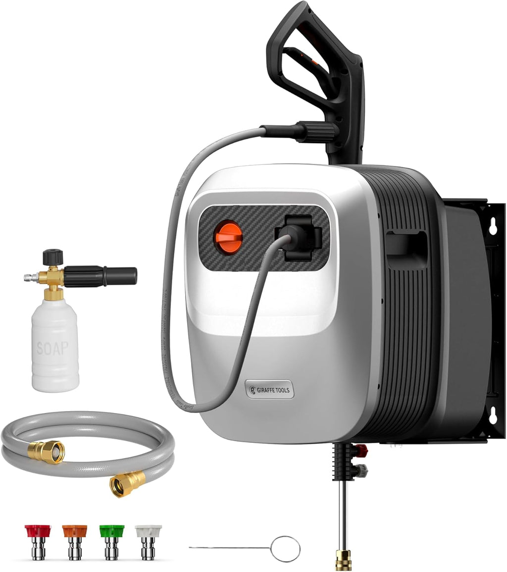 Giraffe Tools Grandfalls Retractable Pressure Washer G20, 2500 PSI 2.2 GPM, 180° Wall Mounted Power Washer, Auto-Retract with 65FT Hose Reel, 5 Nozzles for Floor/Cars/Fences/Patios, Light Silver