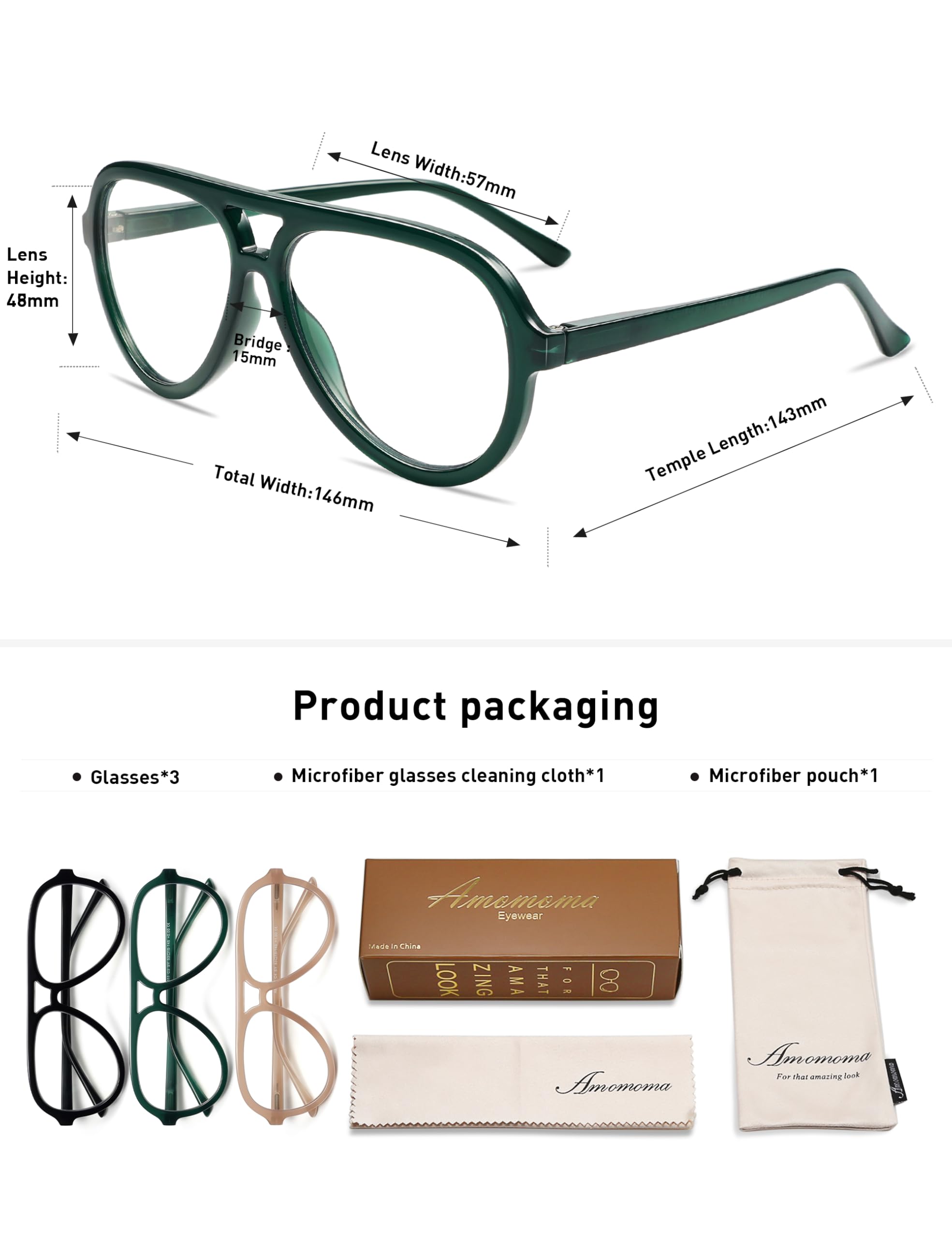 AMOMOMA 3 Pack Retro Oversized Aviator Reading Glasses for Women Men,Classic Large Reader Blue Light Computer Frame AM6111