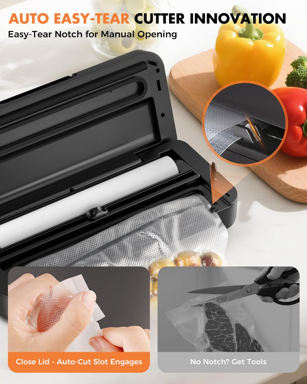 Vacuum Sealer for Food, 95kPa Food Vacuum Saver Sealer Machine, 12L/min 135W Fast-Sealing with Auto Tear-Cut,Digital Timer, Built-in Bag Storage, Cutter and One Bag Roll, 9-in-1 Compact Vacuum Sealer
