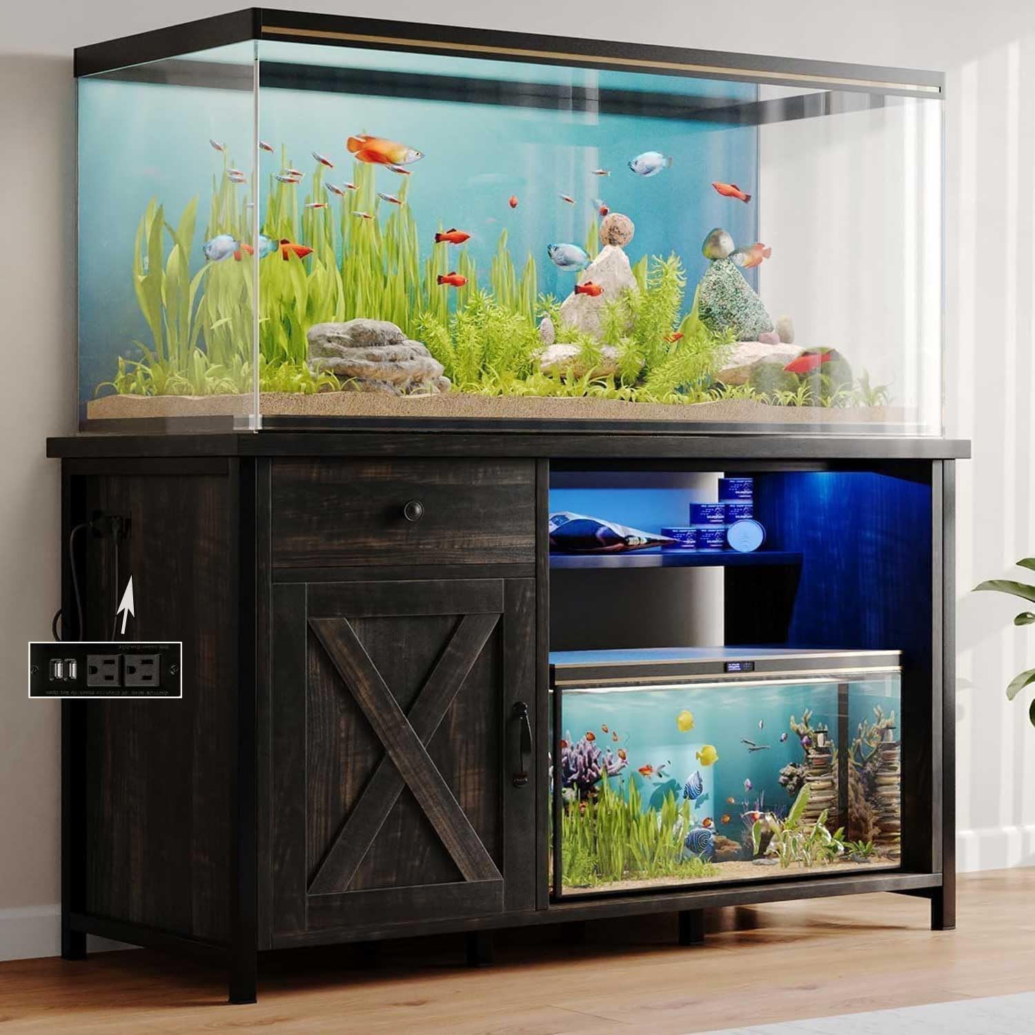 4ever2buy 55-75 Gallon Fish Tank Stand with Power Outlets, LED Light, Heavy Duty Aquarium Stand with Cabinet for Fish Tank Accessories Storage, for Turtle Tank, Reptile Terrarium, 1100LBS, Black