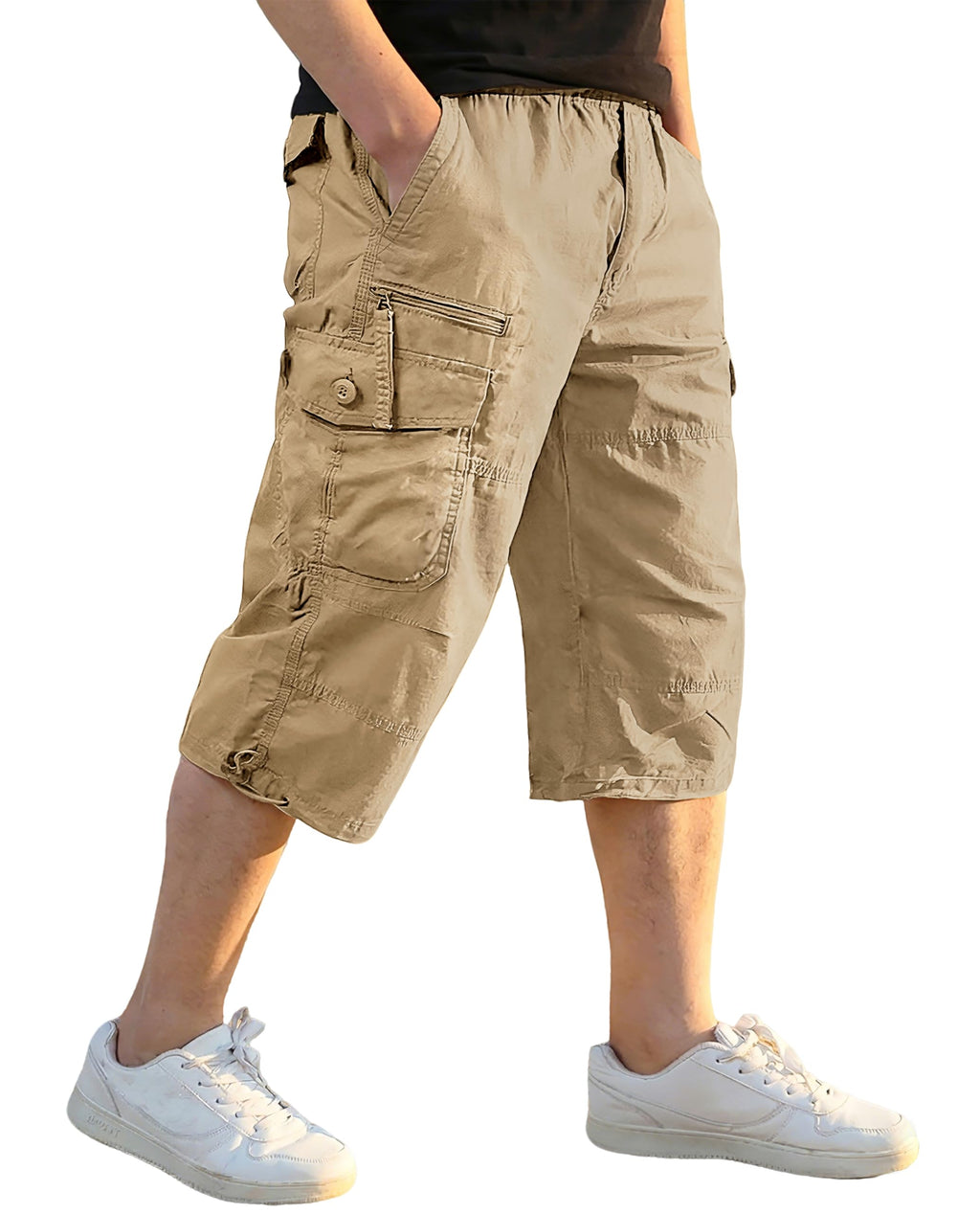 EKLENTSON Men's Cargo Shorts Casual Twill Elastic 3/4 Capri Pants Below Knee Long Shorts with 7 Pockets
