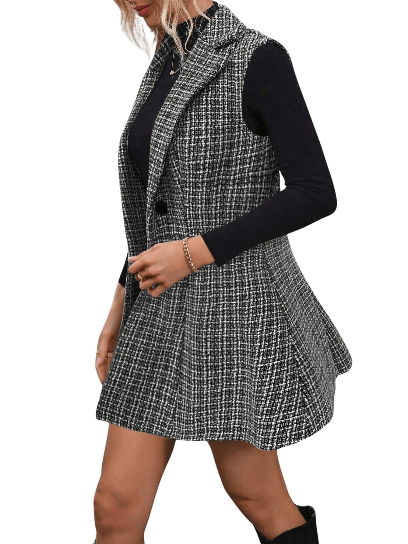 Floerns Women's 2 Piece Outfit Workwear Plaid Print Lapel Neck Vest Blazer and Skirt Set