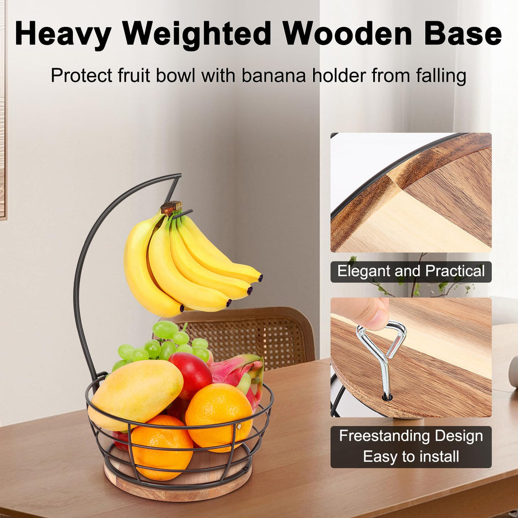 Livabber Countertop Fruit Basket Bowl with Banana Hanger, Modern Standing Fruit Vegetable Bowl Storage, with Banana Tree Holder for Kitchen Dinning Table (Round Marble, Black)