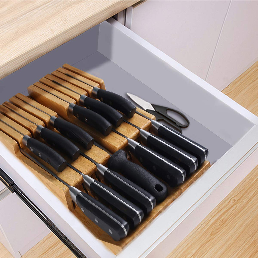 NIUXX Bamboo In-Drawer Knife Block Set for 9 Knives(Not Included), Large Kitchen Detachable Washable Cutlery Slot Organizer Storage Holder for Sharpening Steel and Cutter