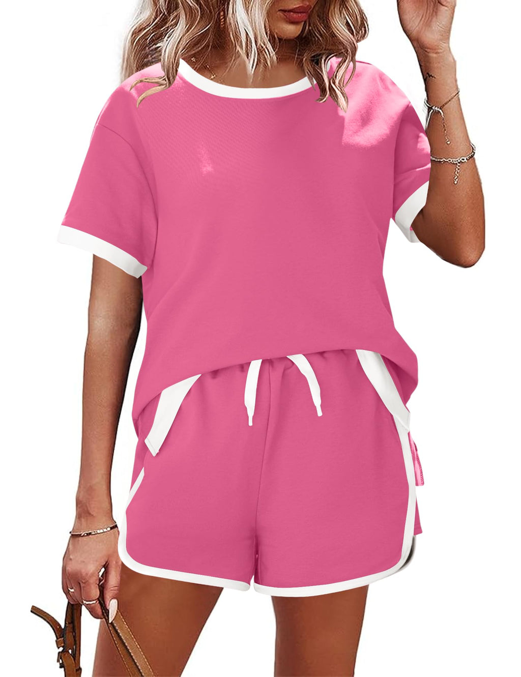AKEWEI Shorts Sets Women 2 Piece Outfits Casual Short Sleeve Crewneck Tops and Drawstring Shorts Color Block Sets