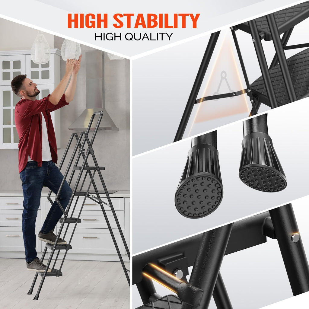 LUISLADDERS 3 Step Ladder with Handrails, Folding Step Stool with Widened Anti-Slip Pedal, 500lbs Lightweight Step Ladder 3 Step Folding, Multi-use for Home Kitchen Pantry Office, Black
