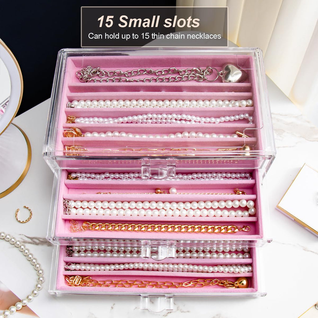 YUFONG Necklace Holder Organizer, Dustproof Necklace Box Velvet Necklace Organizer Box with Lid Clear Acrylic Dustproof Stackable Jewelry Displays for Necklaces Chain Display (Beige, 3 Drawer)