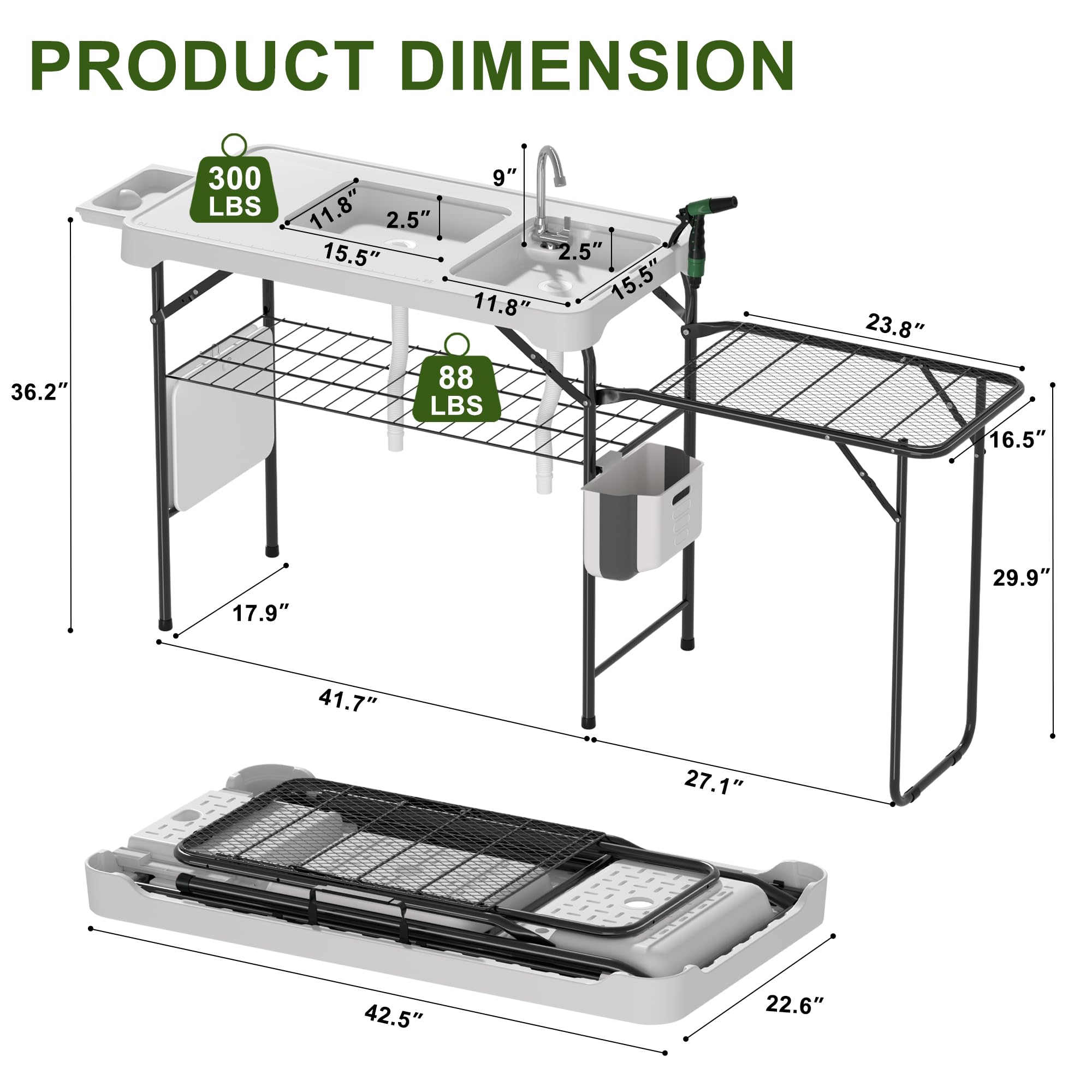 Dragosum Fish Cleaning Table, Portable Folding Camping Table with Folding Grill Extension Board, Fish Cleaning Station with Dual Sinks, Hose Hook Up