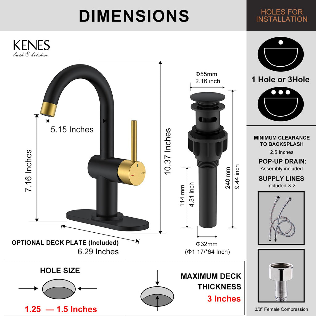 KENES Black and Gold Single Handle Bathroom Sink Faucet, Modern Prep Wet Bar Sink Faucet with Drain Assembly & Deck Plate, Vanity Faucets for Farmhouse RV Camper Utility, KE-9005B-BG