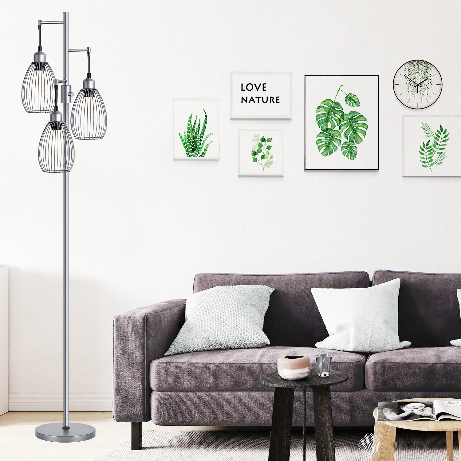 Dimmable Floor Lamp, 3 x 800LM LED Edison Bulbs Included, Farmhouse Industrial Floor Lamp Standing Tree Lamp with Elegant Teardrop Cage Tall Lamps for Living Room Bedroom Office Dining Room-Brass