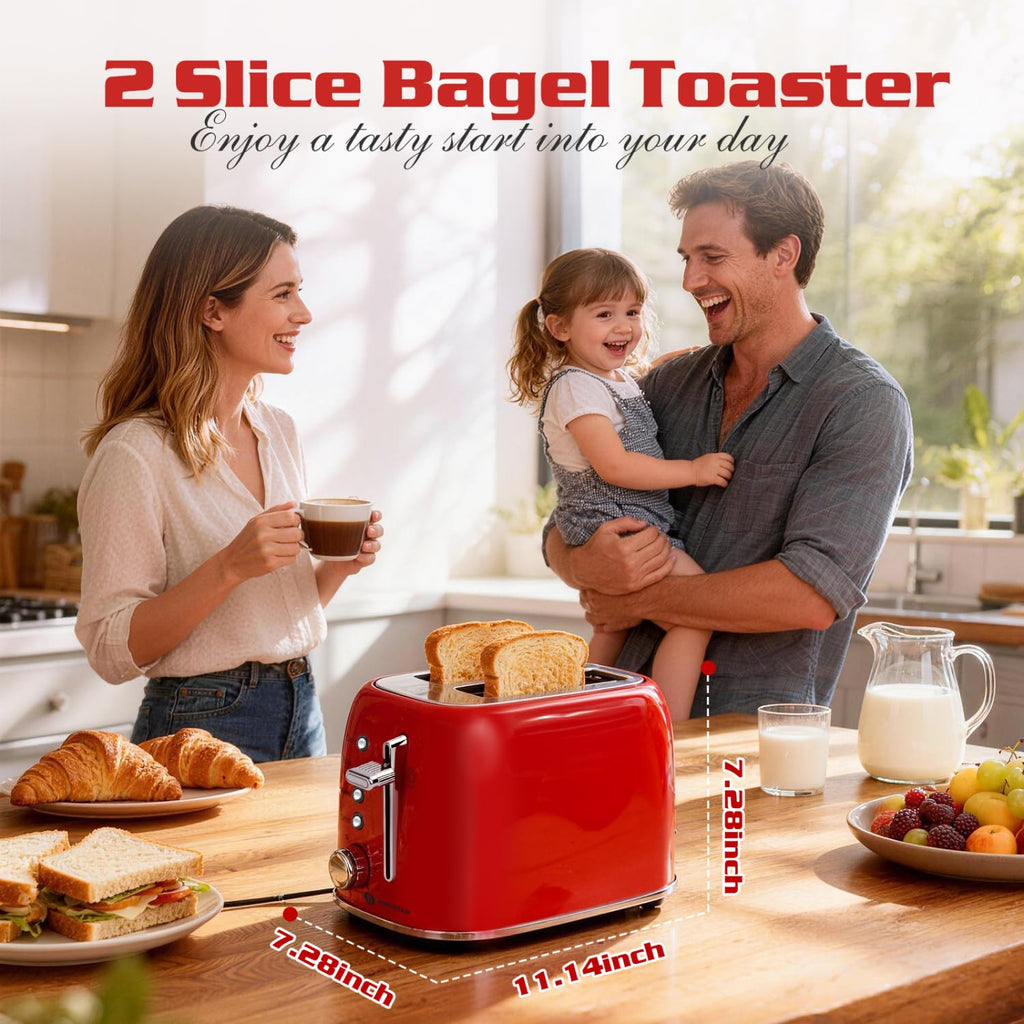 Aigostar Toaster 2 Slice Retro Toaster Stainless Steel, 1.6 inch Extra Wide Slots Bread Toaster Bagel, Cancel, Defrost Function, 6 Shade Settings & Removable Crumb Tray for Bread Waffle, Aqua Green