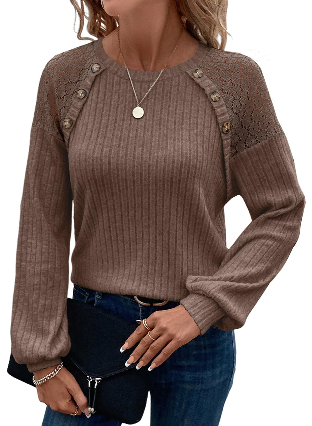Acelitt Womens Fall Long Sleeve Tunic Tops Casual Crew Neck Dressy Shirt Lace Patchwork Blouses Pullover Sweaters