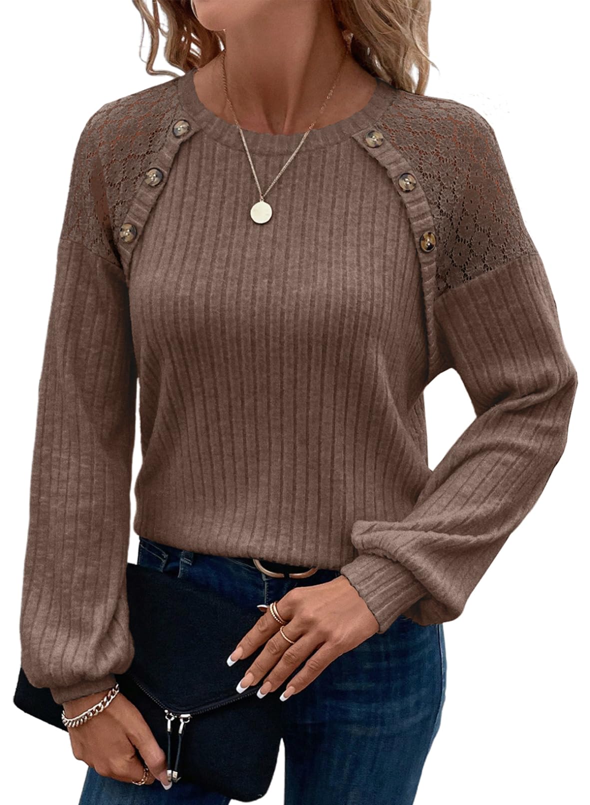 Acelitt Womens Fall Long Sleeve Tunic Tops Casual Crew Neck Dressy Shirt Lace Patchwork Blouses Pullover Sweaters