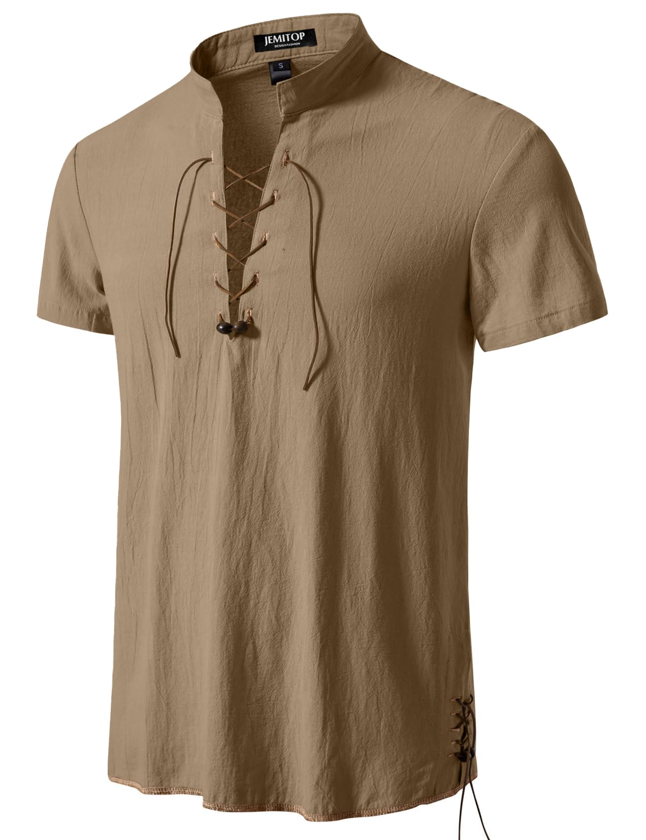 JEMITOP Men's Pure Cotton Vintage Short Sleeve Lace Up Shirts for Renaissance Pirate Viking Medieval Costume
