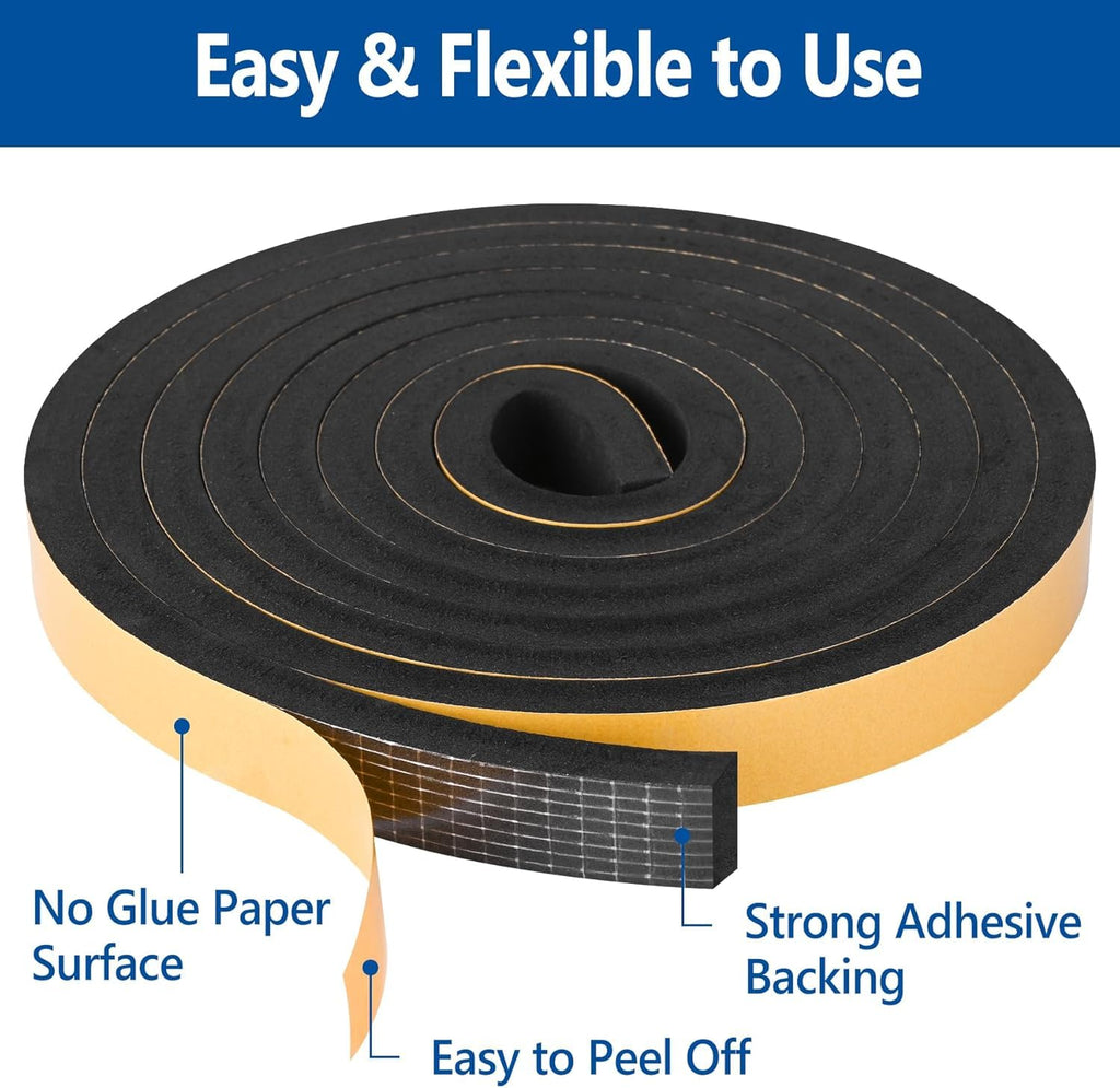 Kikerike Self Adhesive Foam Tape Weatherstrip 1In x 1/2In x 20Ft High Density Foam Insulation Strips Seal Weather Stripping with Strong Adhesive for Door and Window Sound Isolation Soundproofing